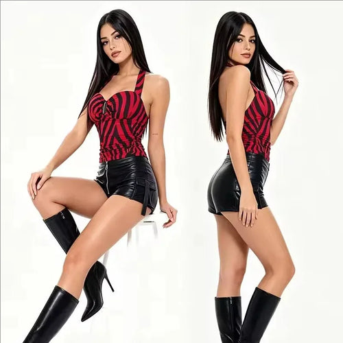 Obsession Nikki Costume Cosplay Outfit Zebra Halter Top Faux Leather Cargo Shorts Punk Streetwear Halloween Carnival Disguise