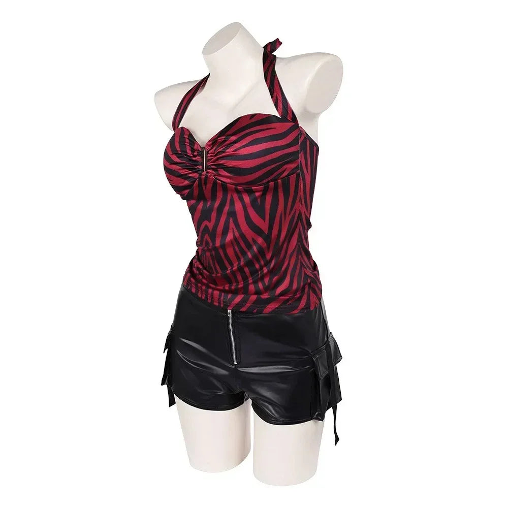 Obsession Nikki Costume Cosplay Outfit Zebra Halter Top Faux Leather Cargo Shorts Punk Streetwear Halloween Carnival Disguise