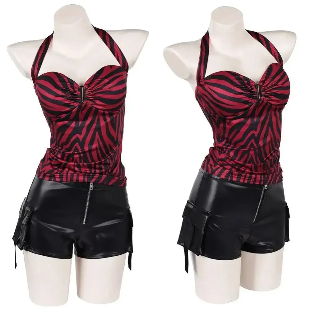 Obsession Nikki Costume Cosplay Outfit Zebra Halter Top Faux Leather Cargo Shorts Punk Streetwear Halloween Carnival Disguise