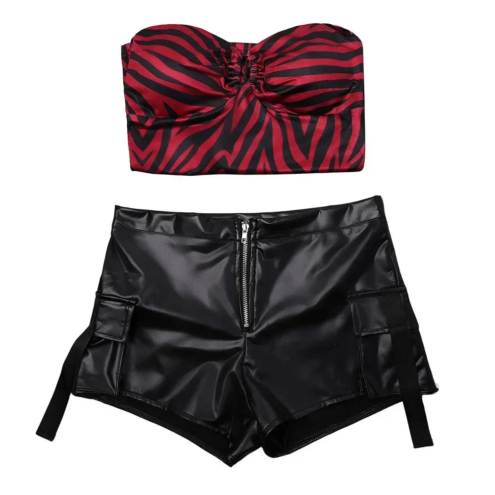 Obsession Nikki Costume Cosplay Outfit Zebra Halter Top Faux Leather Cargo Shorts Punk Streetwear Halloween Carnival Disguise