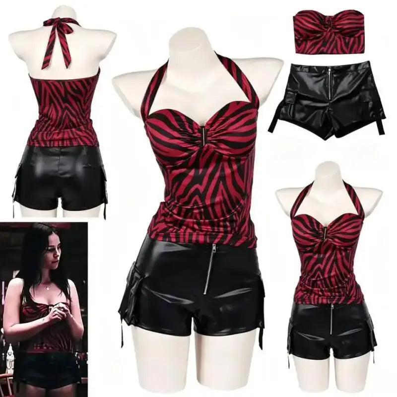 Obsession Nikki Costume Cosplay Outfit Zebra Halter Top Faux Leather Cargo Shorts Punk Streetwear Halloween Carnival Disguise